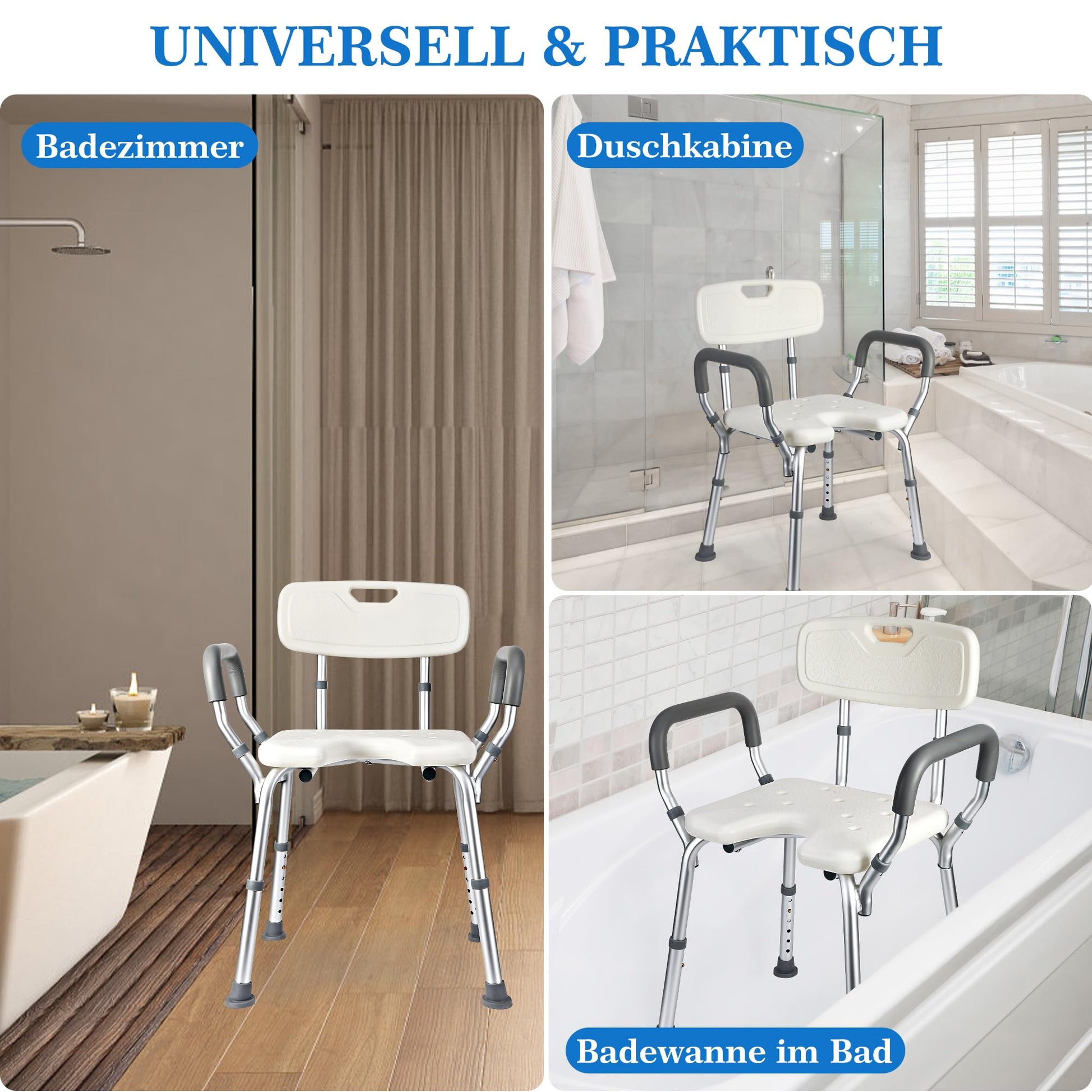 Sedia da doccia Garvee con braccioli e schienale – Sedile da doccia regolabile in altezza per anziani (fino a 158 kg), ausilio per la doccia antiscivolo, leggero e stabile – Bianco, montaggio rapido