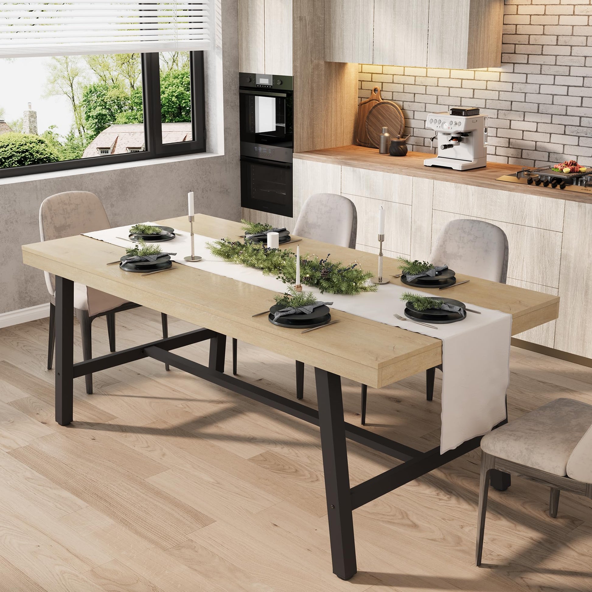 Tavolo da pranzo industriale Garvee per 6-8 persone, struttura in metallo robusto, superficie in MDF marrone rustico, gambe regolabili, 70,87 pollici