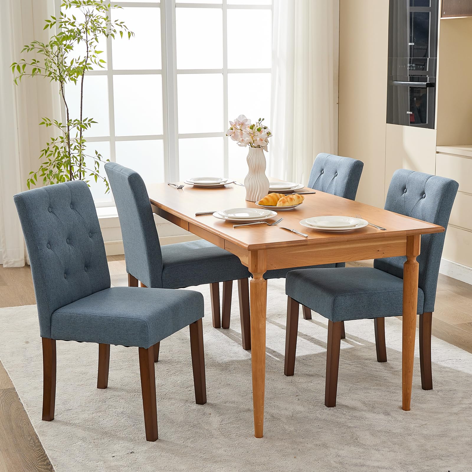 Sedie da pranzo Garvee Parsons, set di 2, imbottite, ergonomiche, in tessuto di lino, legno di caucciù, blu, per cucina e soggiorno