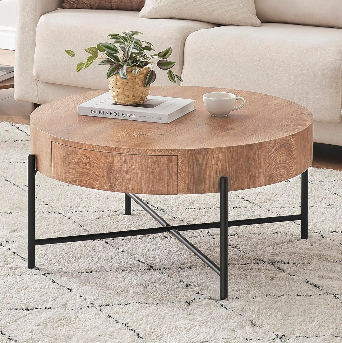 Tavolino da caffè rotondo in legno Garvee con 2 cassetti, gambe in metallo, stile rustico per soggiorno, stile fattoria, dimensioni medie, marrone