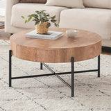 Tavolino da caffè rotondo in legno Garvee con 2 cassetti, gambe in metallo, stile rustico per soggiorno, stile fattoria, dimensioni medie, marrone