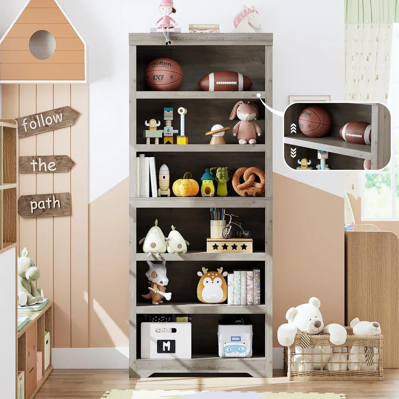 Garvee Libreria a 6 Ripiani Alta Regolabile Design Antiscivolo MDF Robusto Stile Rustico Grigia per Casa e Ufficio 191 cm