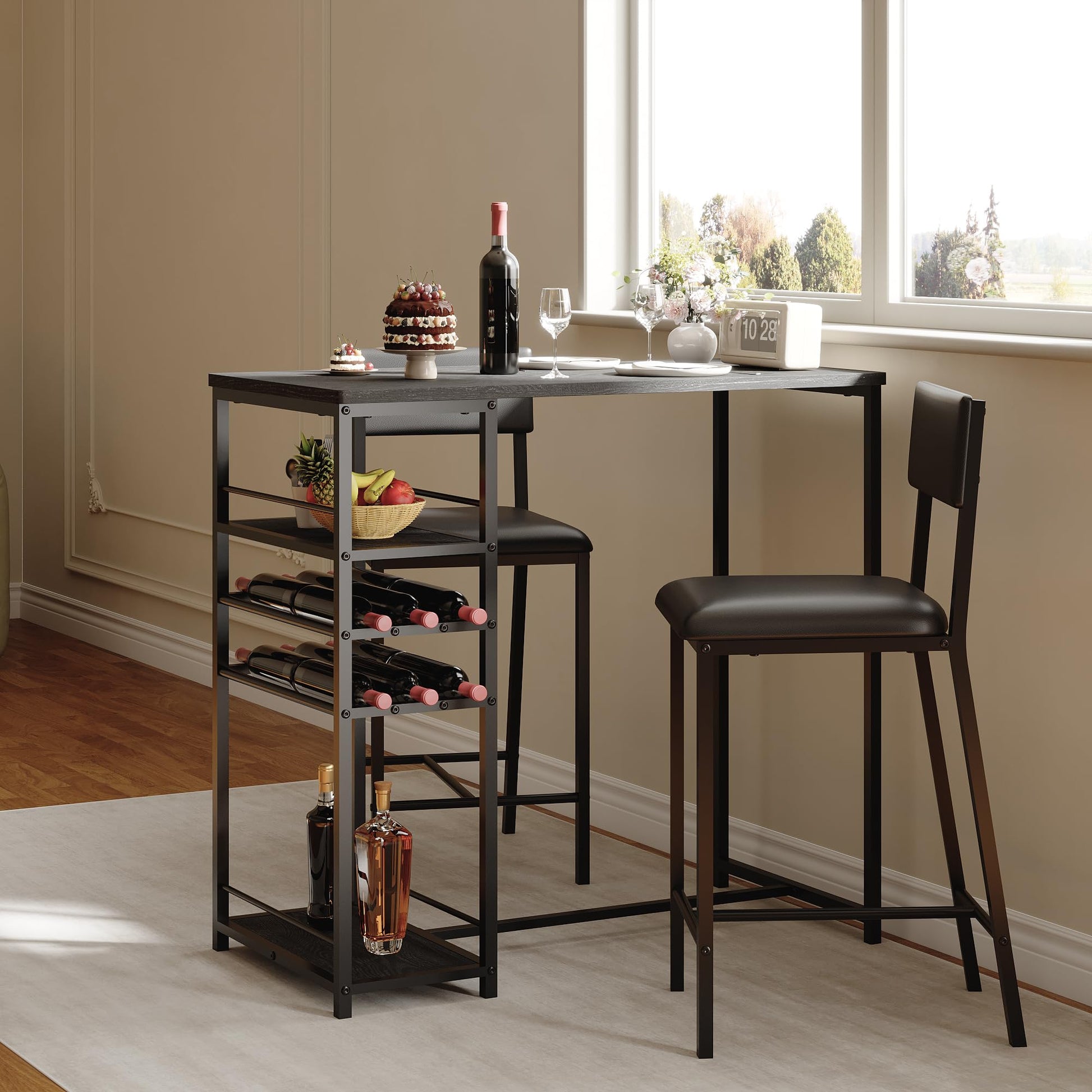 Tavolo da pranzo piccolo Garvee per 2 persone con 4 ripiani e portabottiglie, panca imbottita, struttura in acciaio, legno rustico, salvaspazio, cucine e studi piccoli