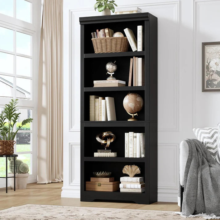 Garvee Libreria a 5 Ripiani Regolabile Antiscivolo MDF Robusto Nero per Soggiorno e Ufficio 175 cm Alta