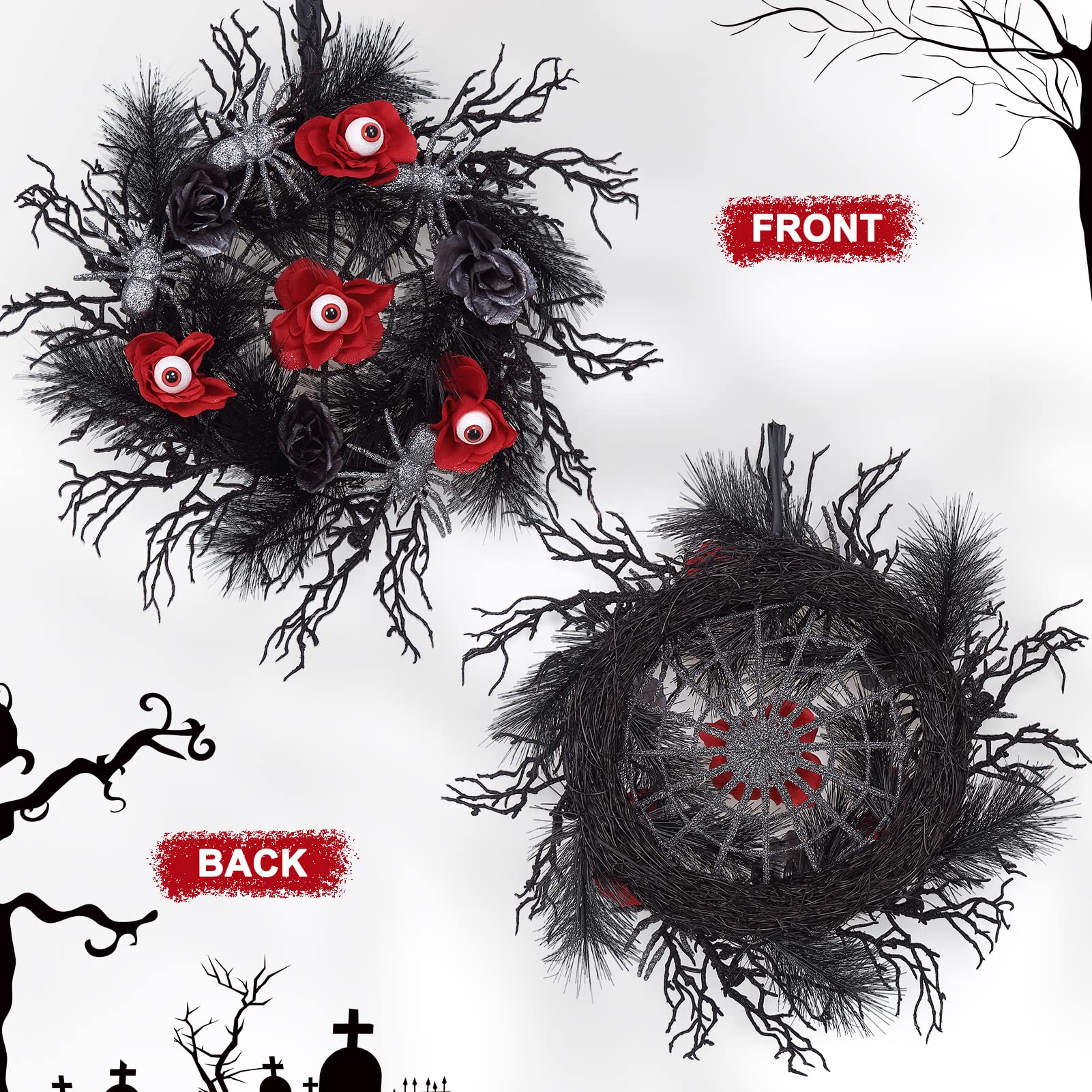 Ghirlanda per porta di Halloween Garvee da 18 pollici con ragni glitterati, rose rosse e nere, rattan nero naturale per uso interno ed esterno, 45 cm, nero