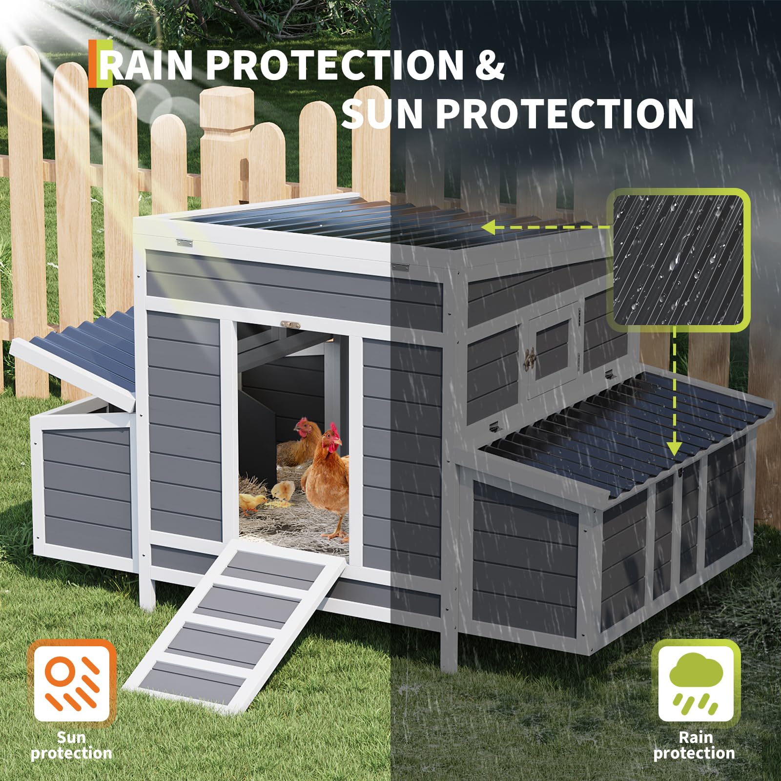 Pollaio in legno Garvee per 4-6 galline con tetto resistente alle intemperie, 2 nidi, connettori in metallo, giardino, 54x34x34 pollici, legno naturale