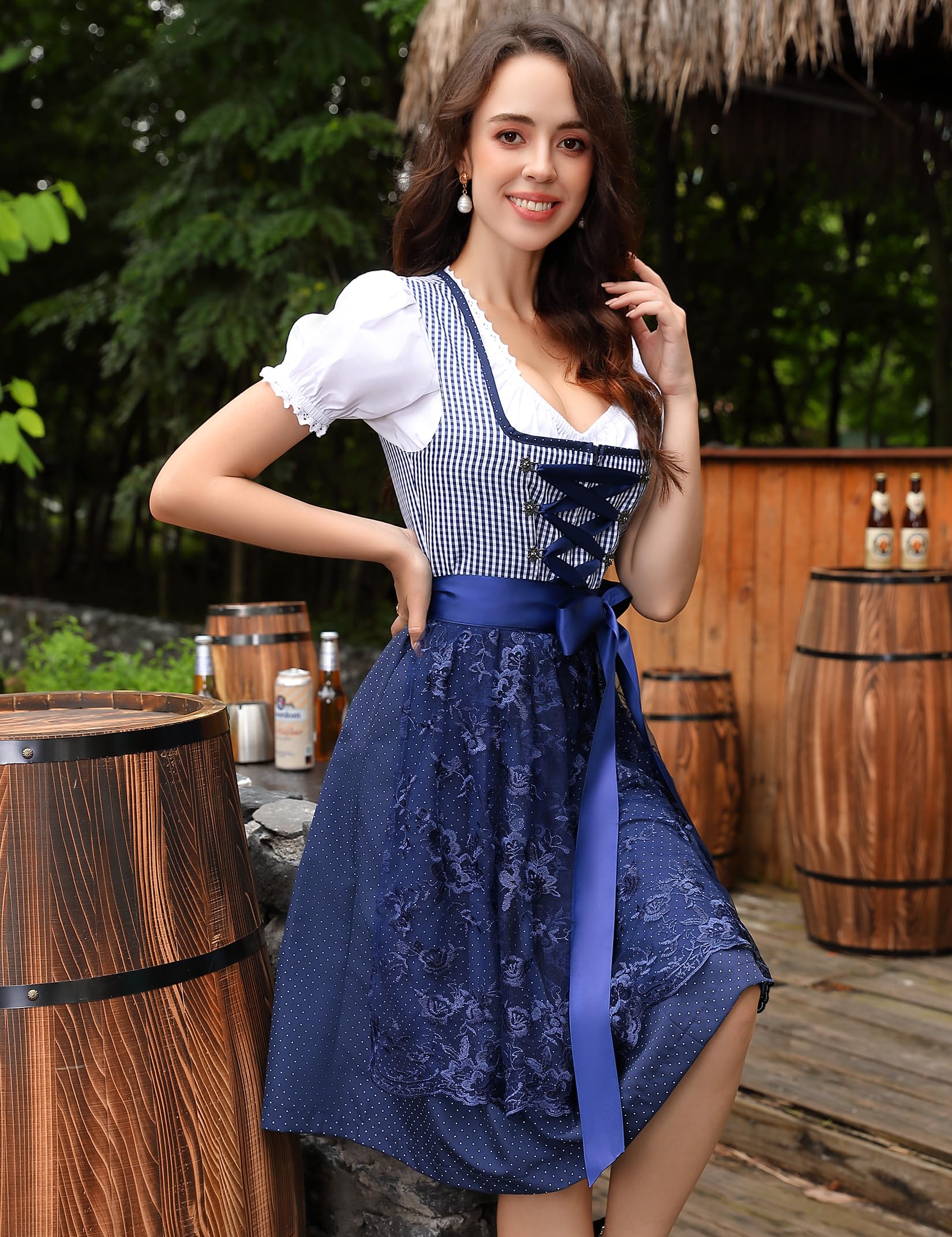 Garvee Dirndl da donna, set di abiti tradizionali midi da 3 pezzi con grembiule e camicetta per l'Oktoberfest e il Carnevale, blu scuro, taglie 34-48