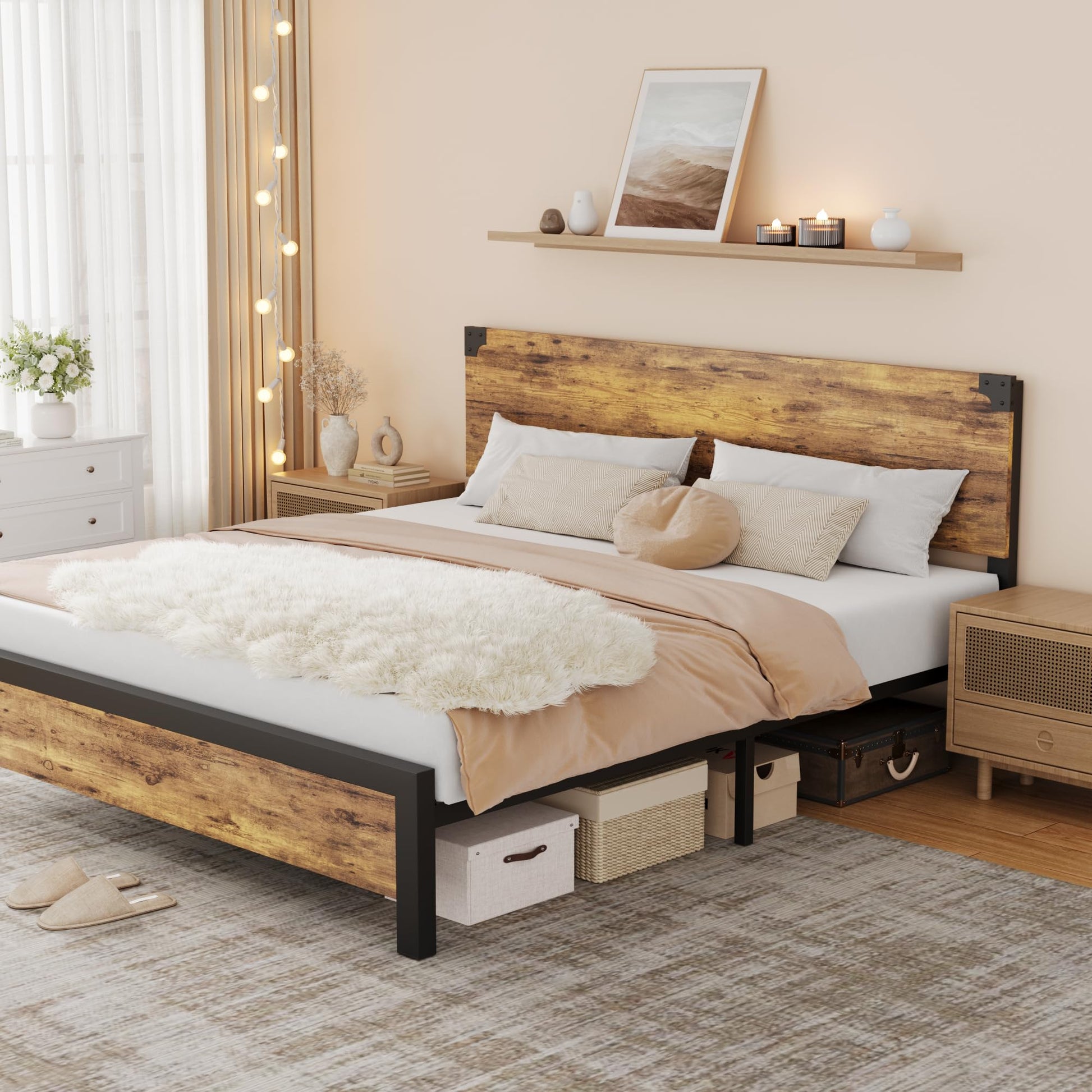 Garvee Letto King Size con Testiera in Legno, Contenitore Sotto Letto, Gambe in Metallo, Marrone Rustico, Camera da Letto, 82x78.7x37.4 in