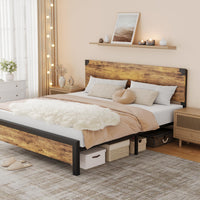 Garvee Letto King Size con Testiera in Legno, Contenitore Sotto Letto, Gambe in Metallo, Marrone Rustico, Camera da Letto, 82x78.7x37.4 in