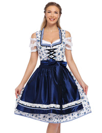 Garvee Dirndl tradizionale da donna per l'Oktoberfest, abito con gonna midi, camicetta e grembiule, motivo floreale, blu navy, taglia M