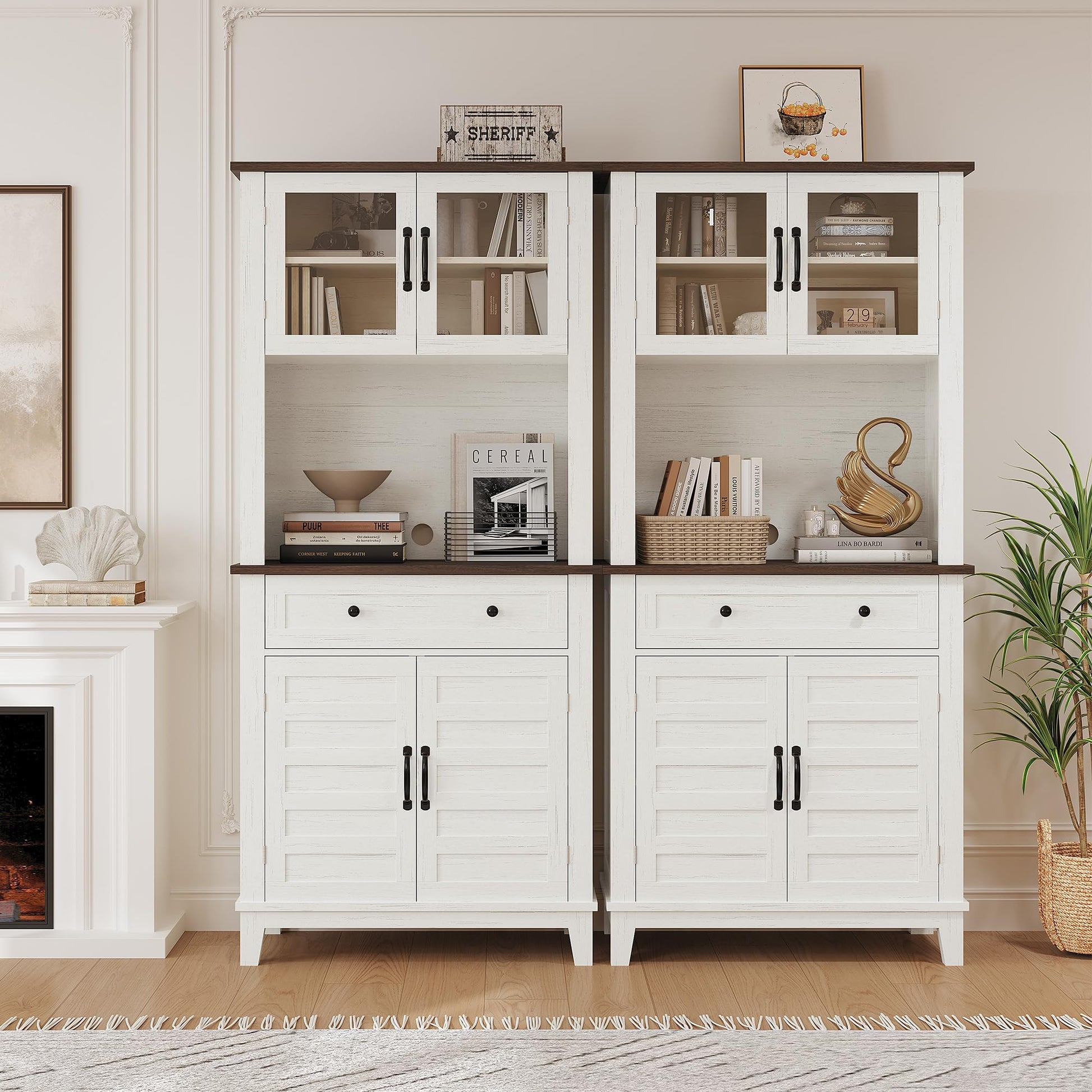 Mobile dispensa da cucina alto Garvee da 182.88 cm con scomparto per microonde, spazio di archiviazione, legno, cassetti, ante in vetro, bianco, sala da pranzo