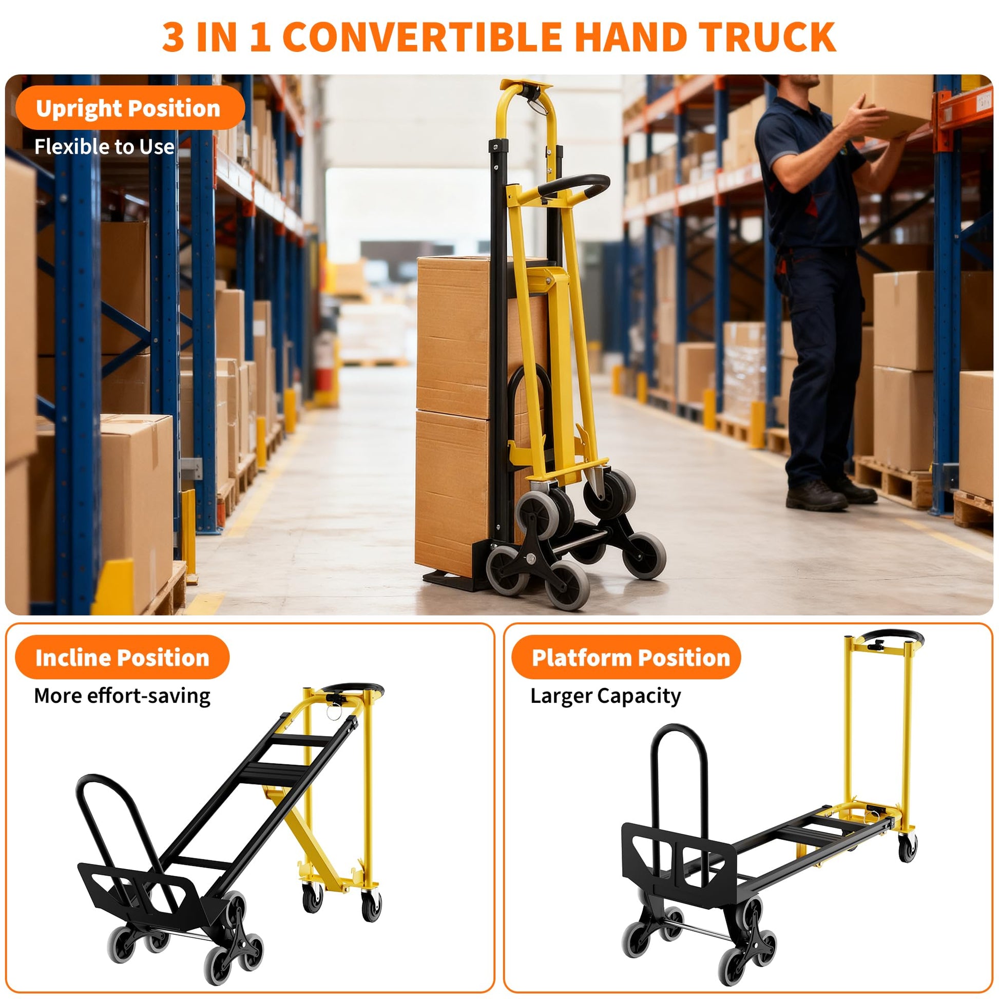 Carrello portascale Garvee 3 in 1 con cinghie elastiche pieghevoli per impieghi gravosi, per casa e ufficio, capacità di carico di 800 libbre, nero