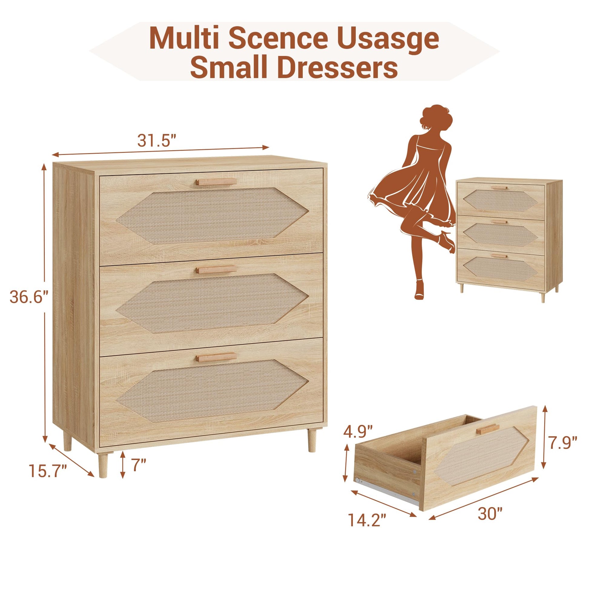 Cassettiera in rattan Garvee a 3 cassetti per camera da letto, ampio spazio di archiviazione, impermeabile, in legno MDF, moderna, per soggiorno e corridoio, marrone