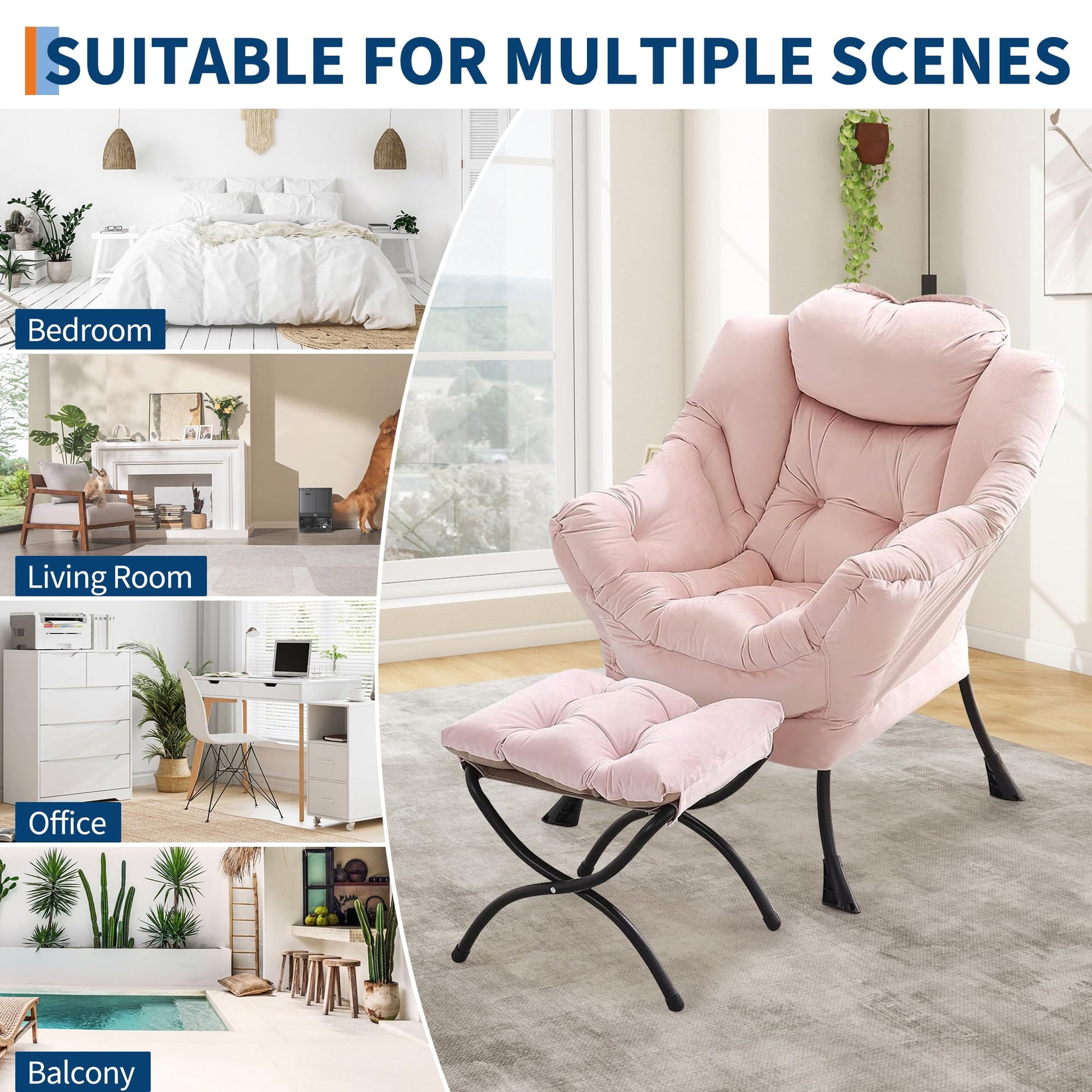 Sedia girevole Garvee con poggiapiedi, rosa, ergonomica e stabile, per soggiorno e ufficio, in peluche, pieghevole