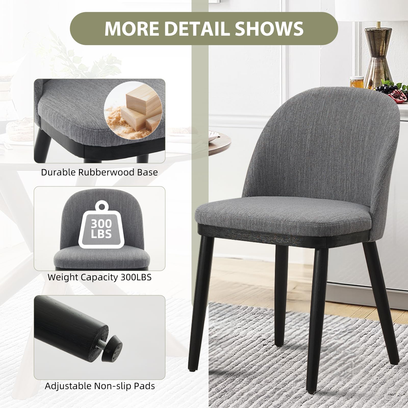 Garvee Set di 2 sedie da pranzo imbottite in tessuto moderno, sedie da cucina con cuscini spessi, gambe in legno, schienale curvo, grigio per ristorante e bar