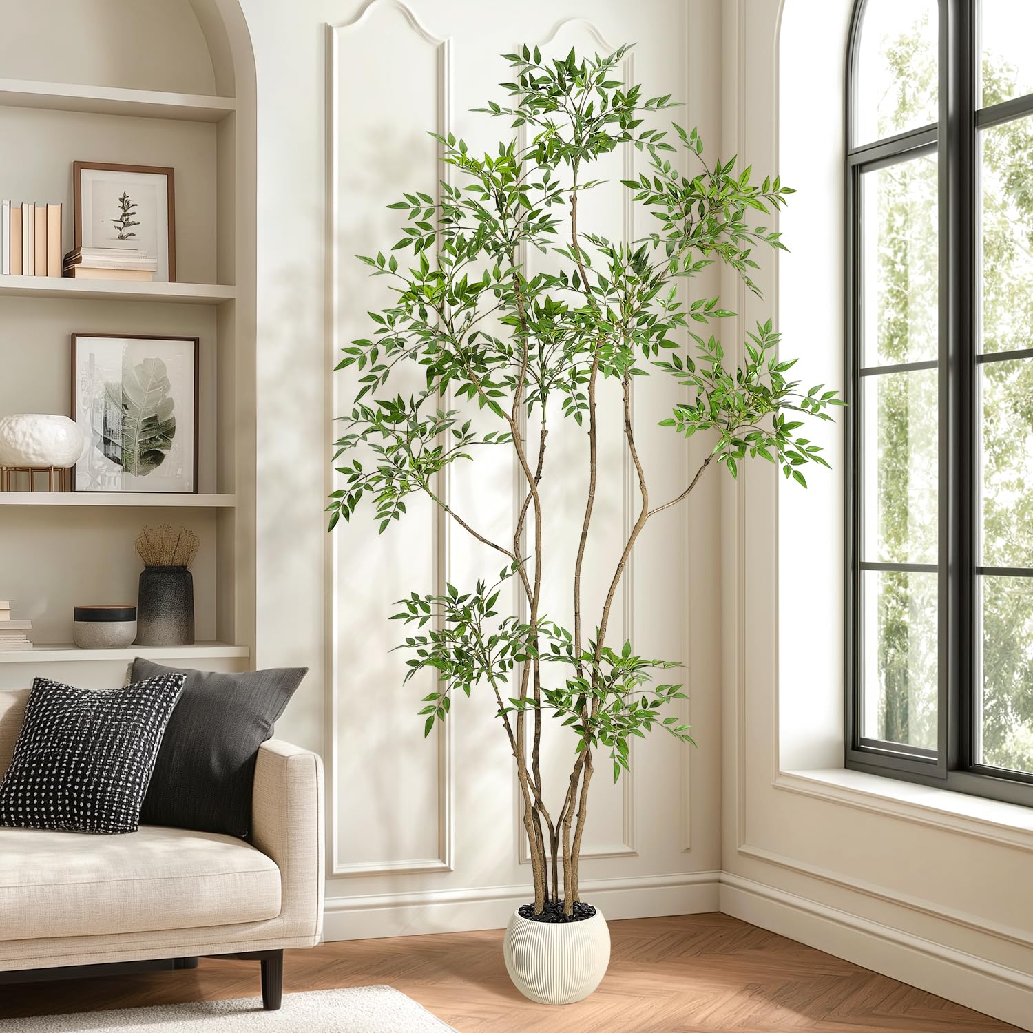 Pianta artificiale da interno Garvee, albero Nandina da 2,1 m con vaso bianco, realistica, facile da pulire, in plastica, decorazione per soggiorno e ufficio