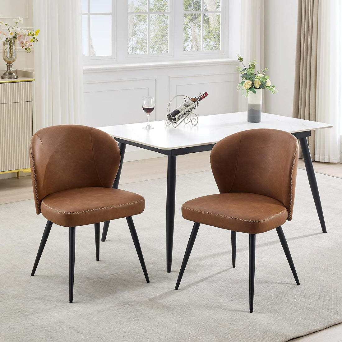 Garvee Set di 2 sedie da pranzo imbottite con gambe in acciaio e schienale alto in pelle per cucina e sala da pranzo, 23,2 pollici, marrone