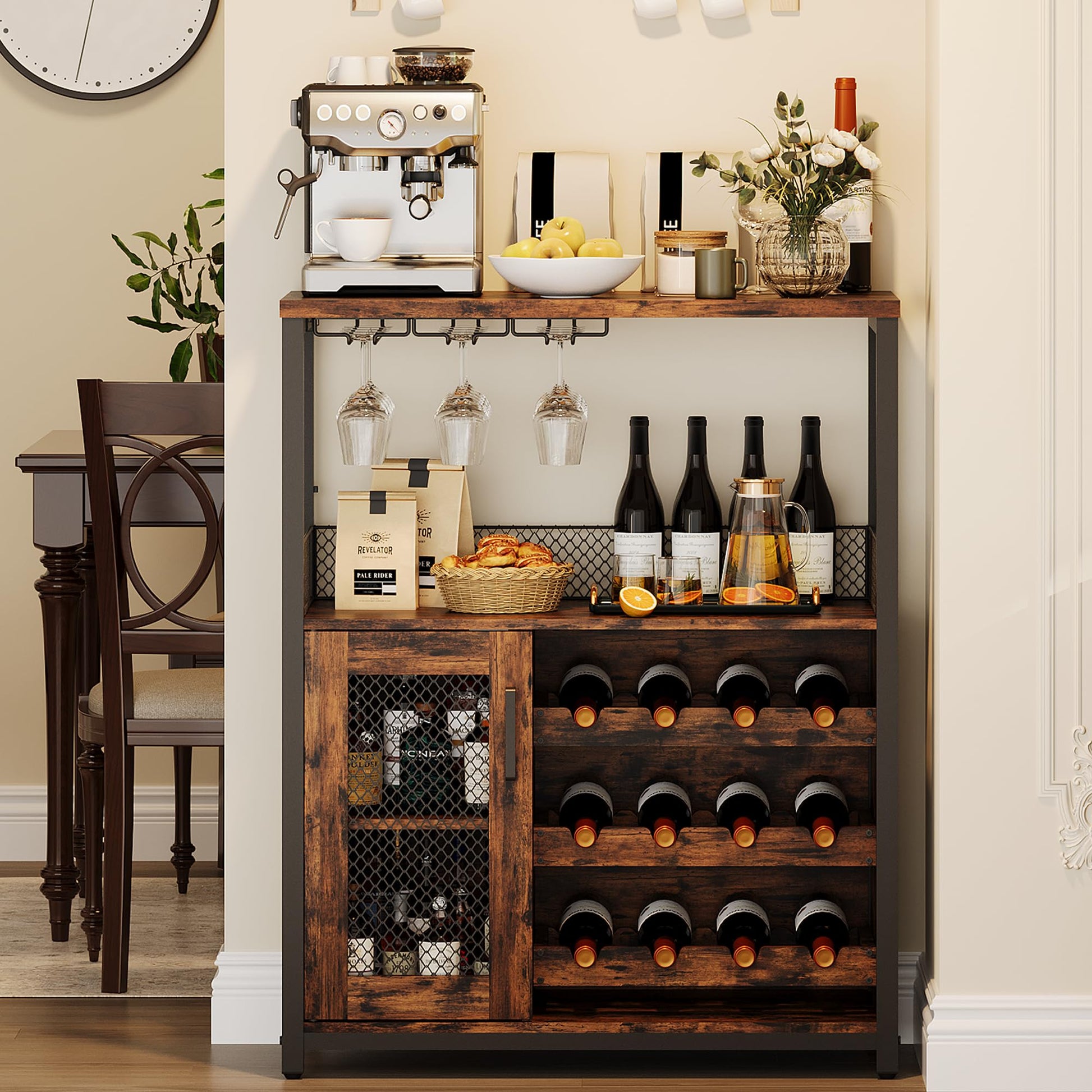 Mobile bar per vino Garvee con luce LED, ripiani regolabili, porta in rete per cucina e sala da pranzo, altezza 36,2", MDF e metallo, robusto, compatto