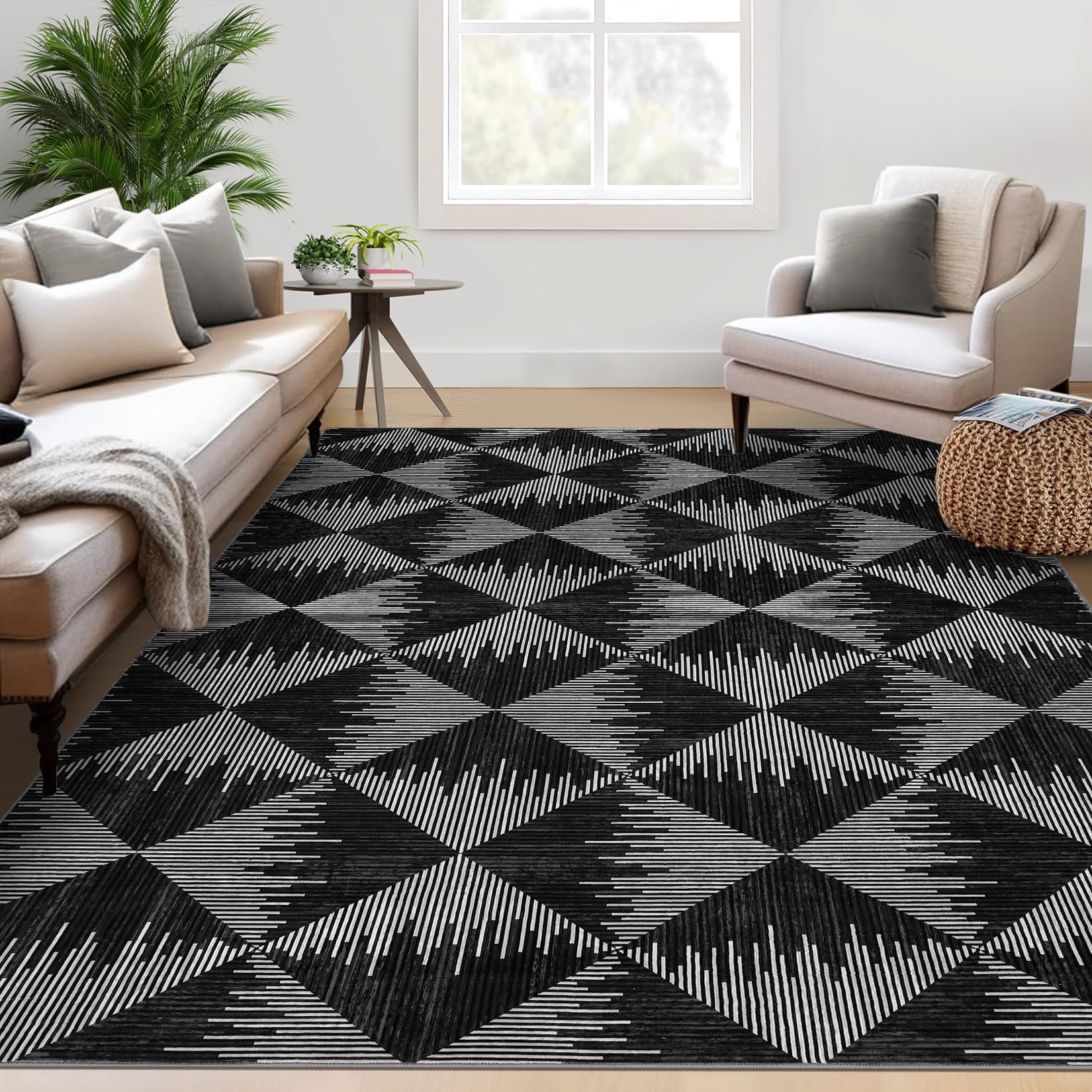 Tappeto per soggiorno Garvee 160x230cm, nero, lavabile, antiscivolo, a pelo corto, per soggiorno, camera da letto, sala da pranzo