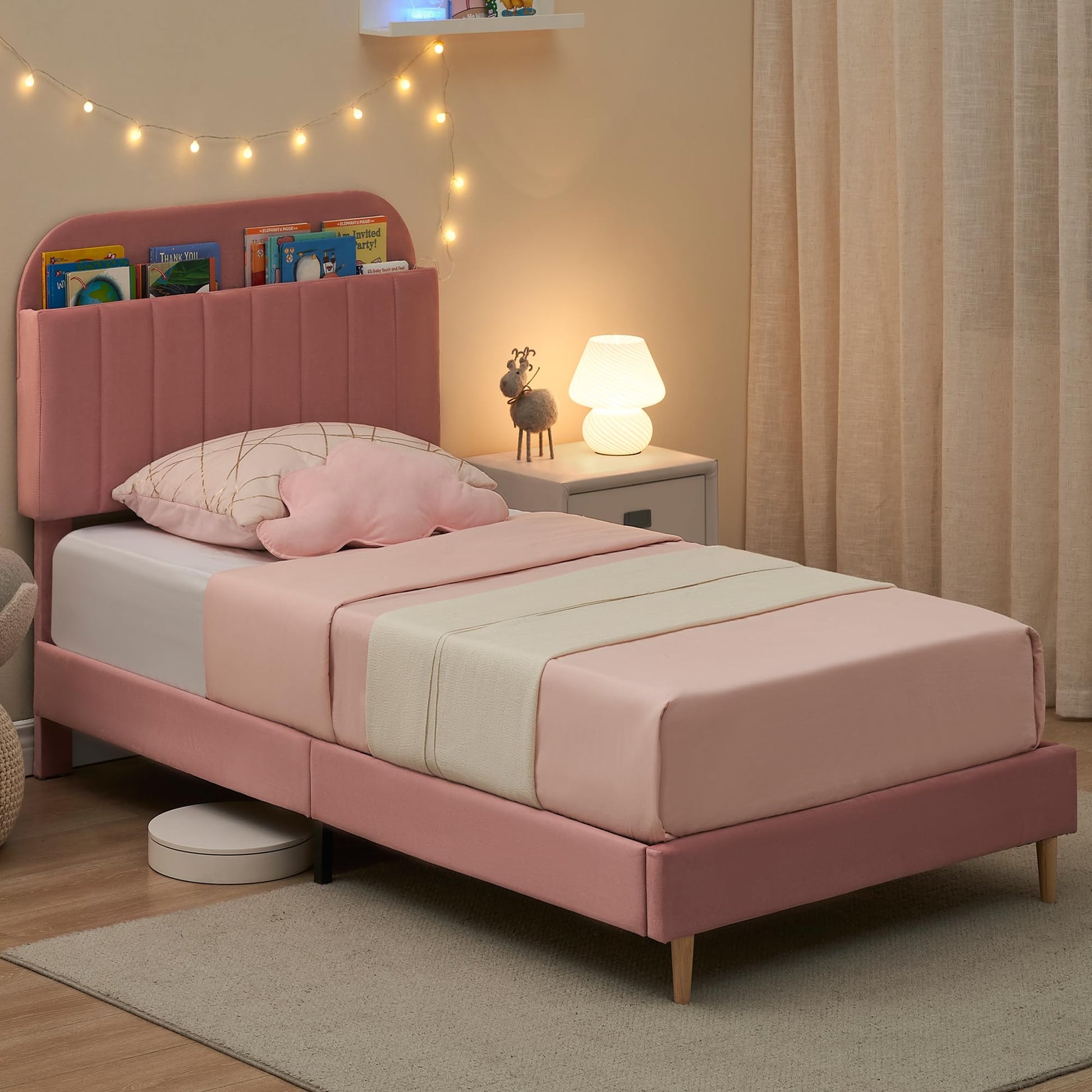 Struttura per letto singolo Garvee con libreria, velluto, gambe in acciaio robusto, silenzioso, rosa, per cameretta dei bambini