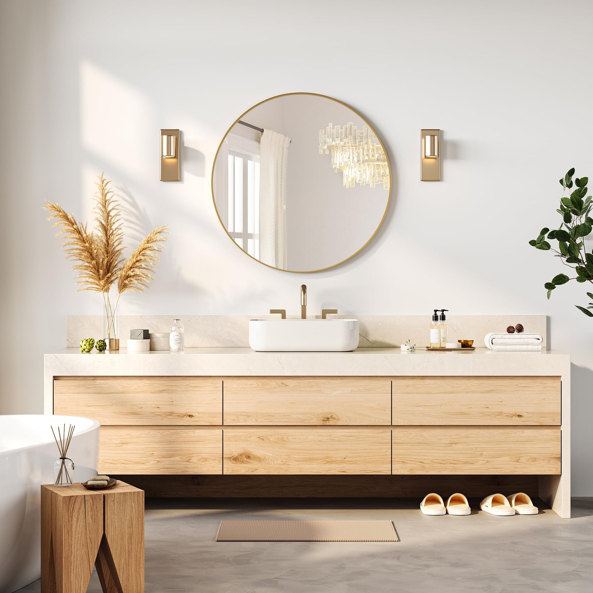 Specchio da parete rotondo Garvee da 36" color oro, cornice in metallo color oro opaco, per bagno e soggiorno, cerchio grande, vetro HD ecologico