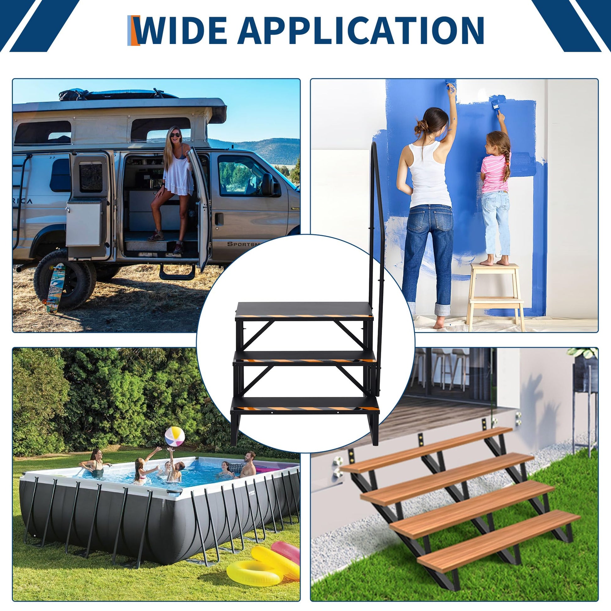 Scale Garvee RV a 3 gradini con corrimano – Gradini pieghevoli in alluminio, antiscivolo per camper, piscina e vasca idromassaggio, nero