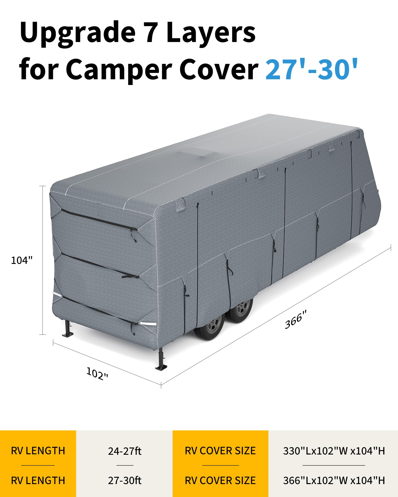 Telo copri camper Garvee, 7 strati extra spesso, antivento e impermeabile, per camper da 27'-30', include coperture per pneumatici e cinghie, traspirante