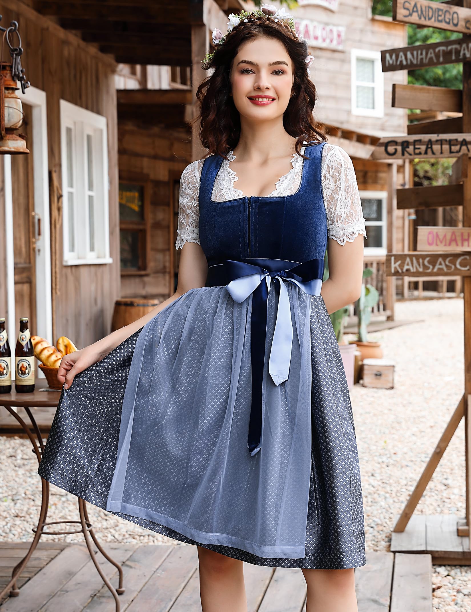 Garvee Dirndl da donna, costume tradizionale, 3 pezzi, per l'Oktoberfest, blu-grigio, taglia 34-46