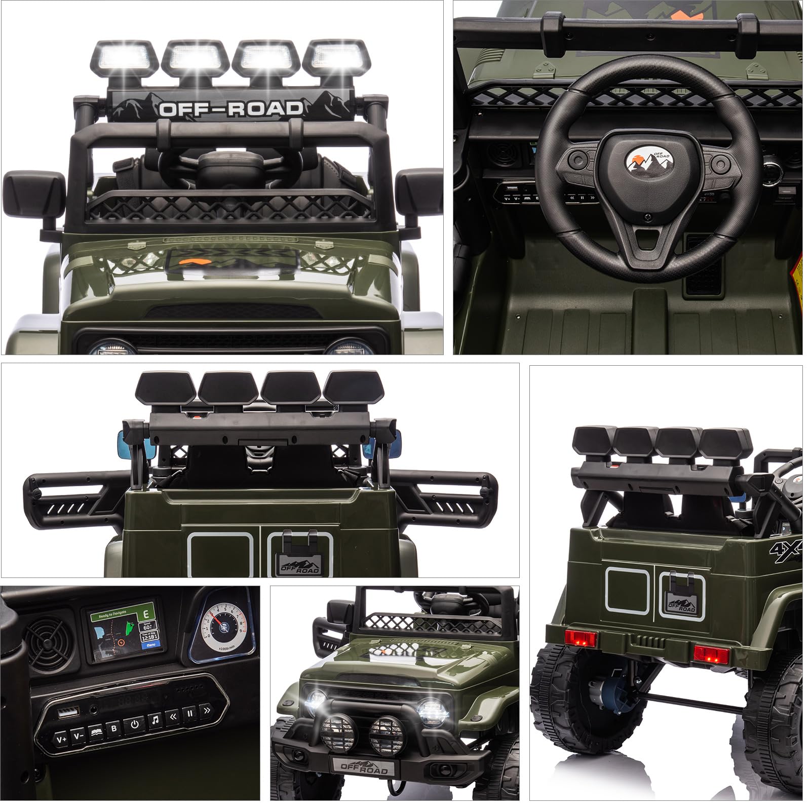 Garvee 12V Auto elettrica per bambini verde militare con LED e Bluetooth per parco giochi, giardino e guida su strada