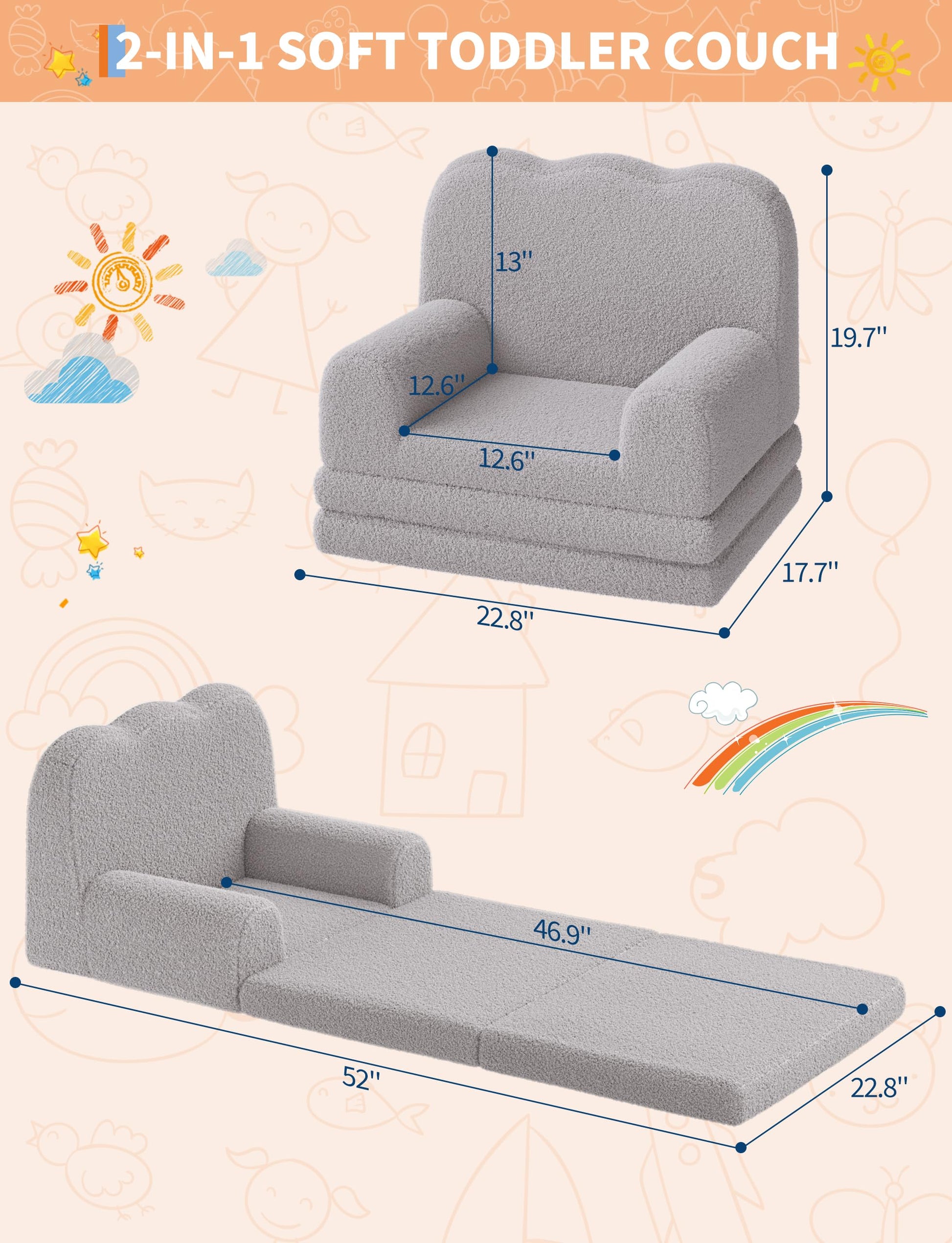 Divano per bambini Garvee 2 in 1 in pile Teddy grigio per sala giochi e cameretta dei bambini pieghevole morbido versatile