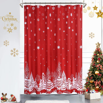 Garvee Kerst Tenda da doccia con motivo albero di Natale e fiocco di neve, impermeabile, 182x183 cm, decorazione per il bagno rossa