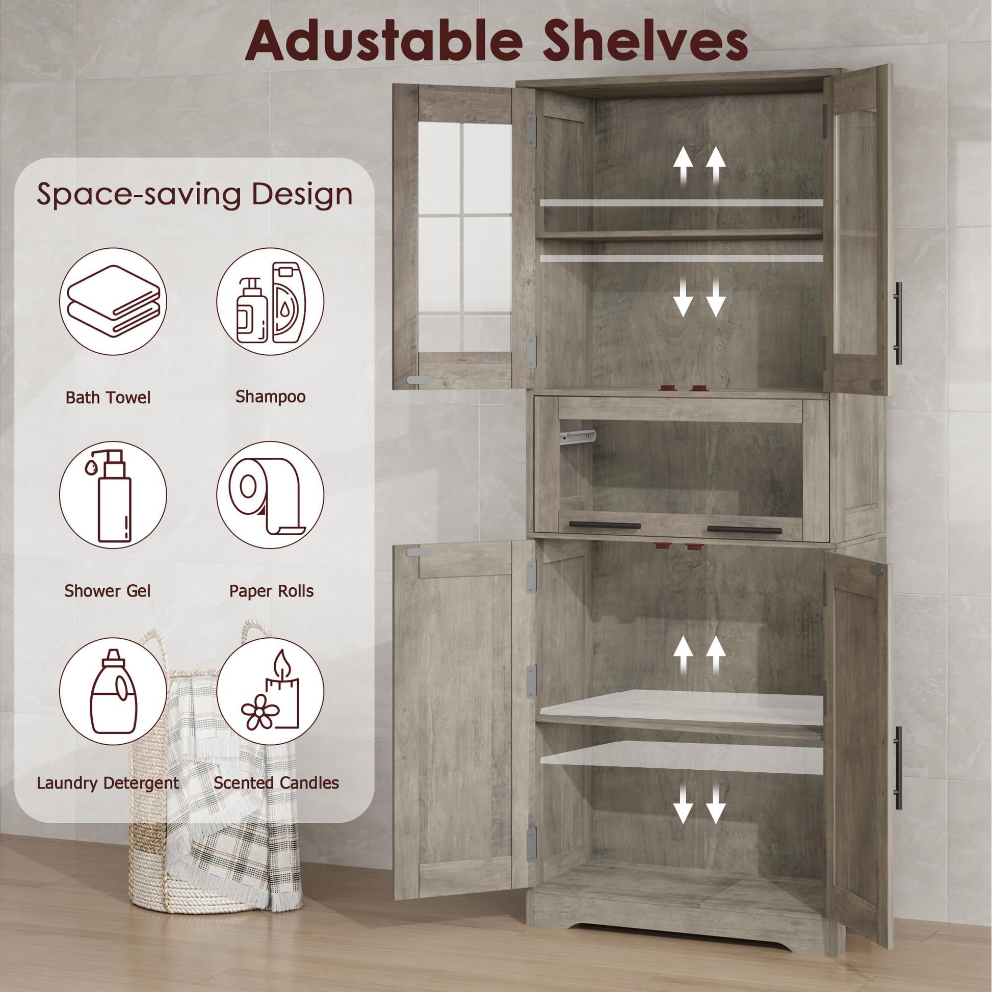 Mobiletto da bagno Garvee, alto e stretto, 170 cm, con 2 ante e 1 cassetto, grigio, ripiani regolabili, salvaspazio per bagno, corridoio e soggiorno