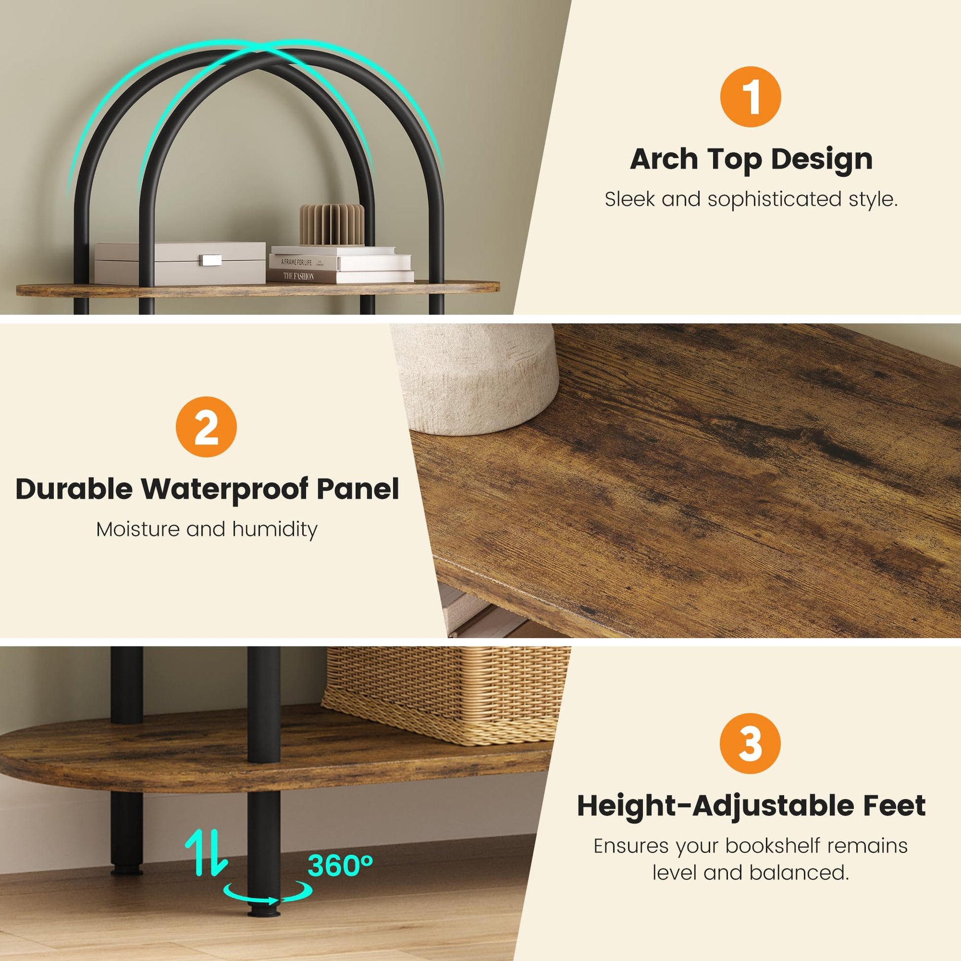 Libreria ad arco Garvee da 71" a 5 ripiani, struttura in metallo, in legno, per soggiorno, ufficio, capacità di carico di 30 libbre, antiribaltamento, piedini regolabili