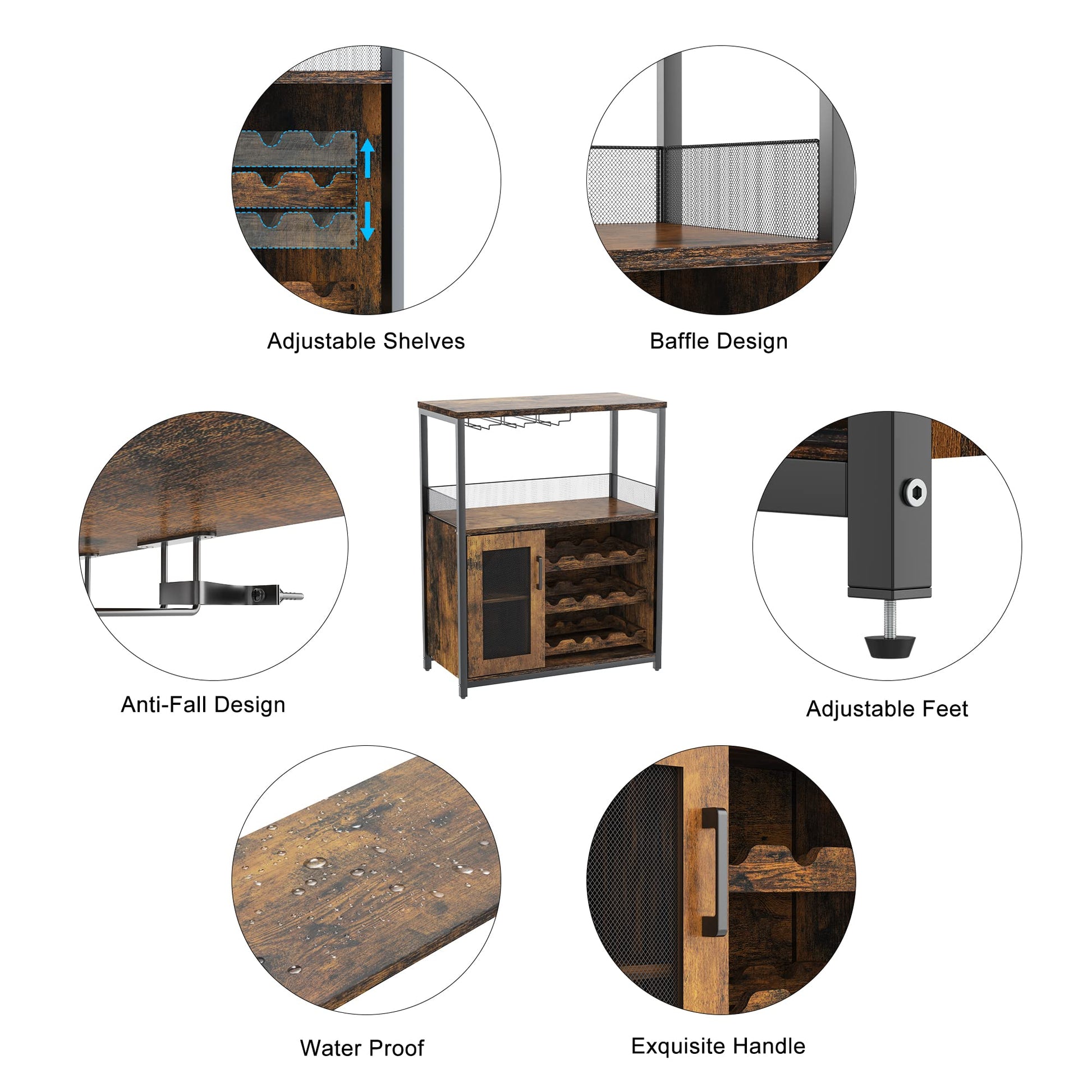 Mobile bar per vino Garvee con luce LED, ripiani regolabili, porta in rete per cucina e sala da pranzo, altezza 36,2", MDF e metallo, robusto, compatto