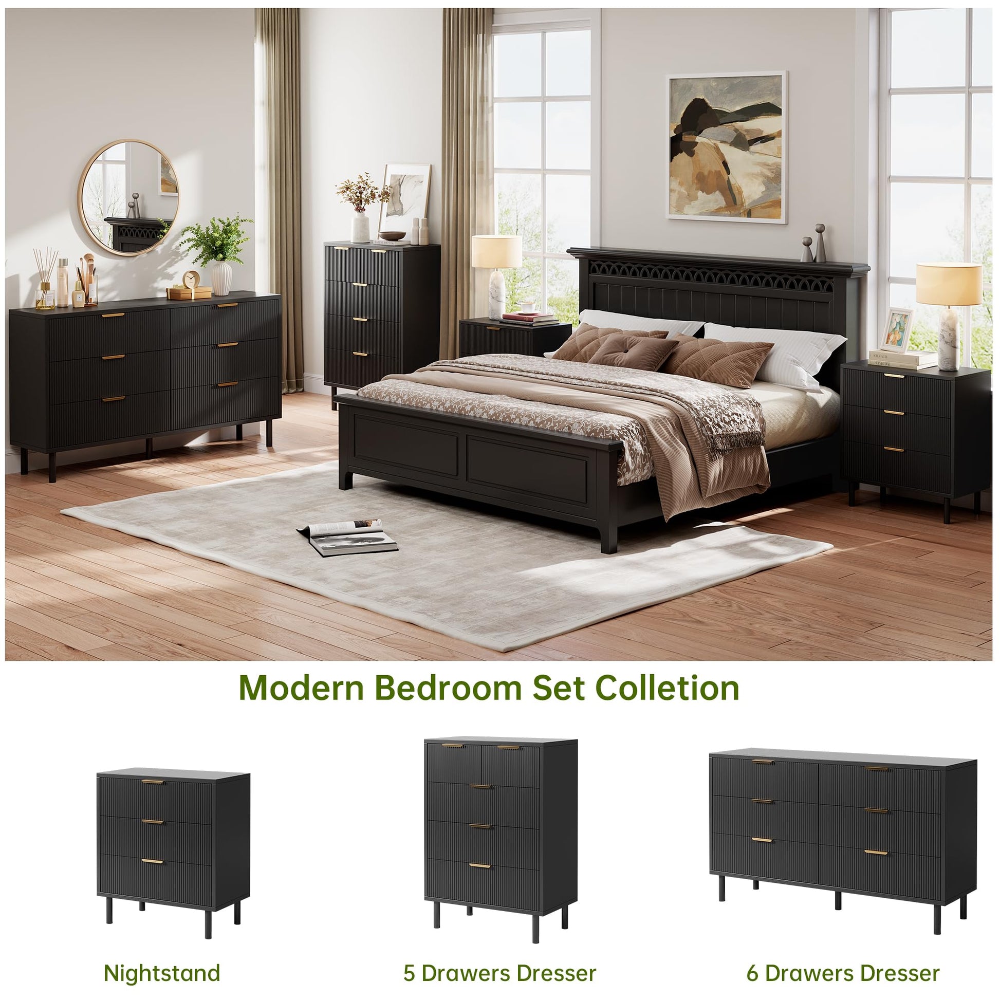 Cassettiera Garvee Black Fluted a 3 cassetti con gambe in metallo per camera da letto e soggiorno, moderna, robusta, in melamina, nera