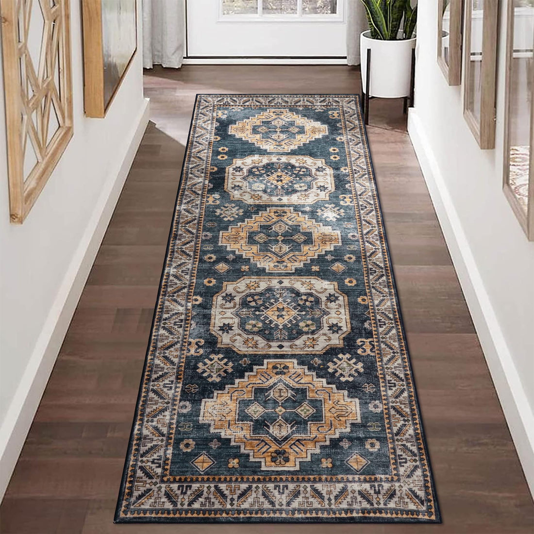 Tappeto vintage per soggiorno Garvee, morbido, lavabile, stile fattoria orientale, blu navy, 60 x 230 cm