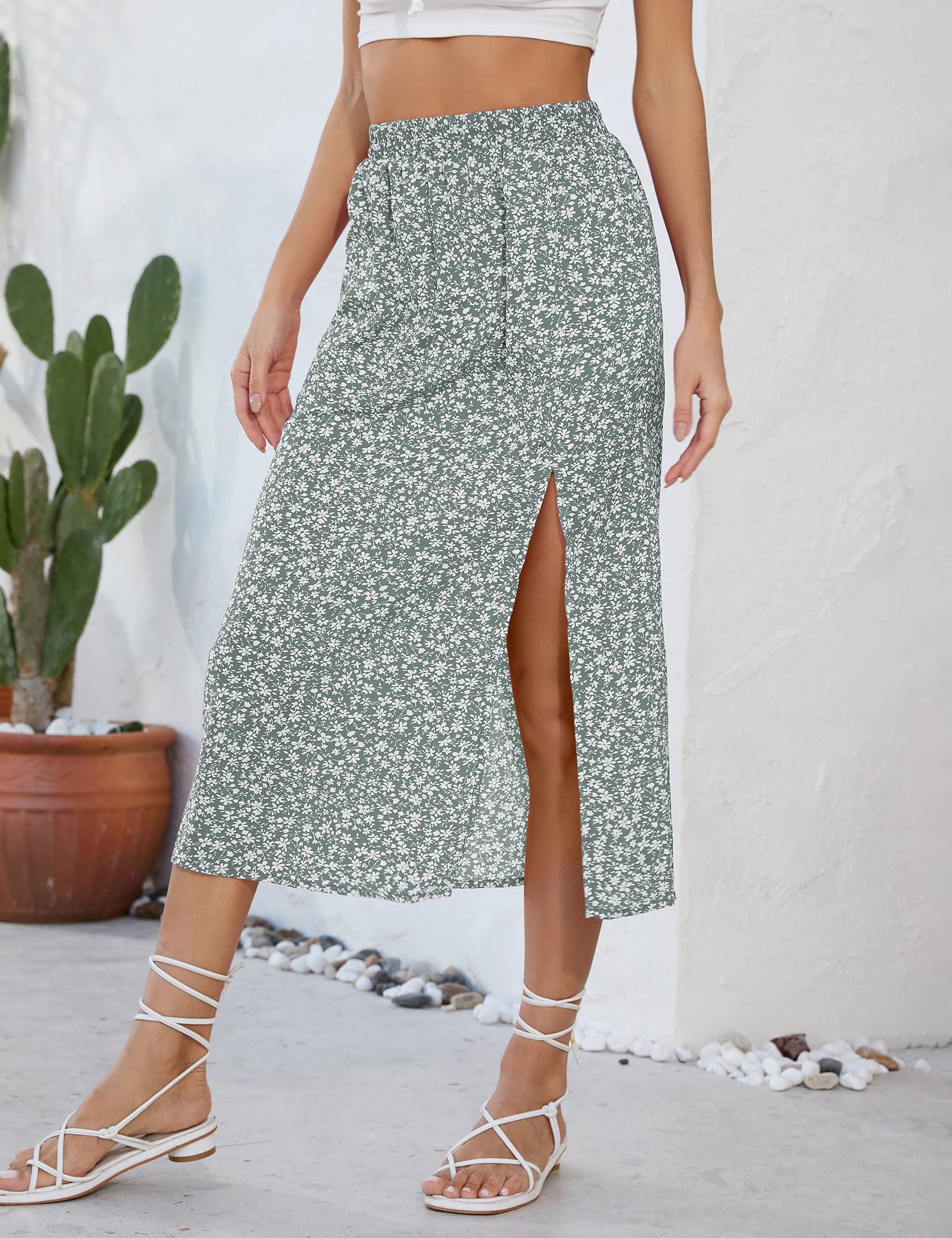 Gonna midi svasata da donna Garvee con spacco, motivo floreale, da spiaggia, casual, vita alta, confezione multipla
