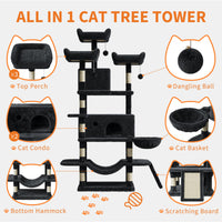 Torre per gatti Garvee grande multilivello da 68,5" per gatti di grandi dimensioni, 9 kg+, con tiragraffi in sisal, amache, peluche, legno robusto, grigio scuro, parco giochi al coperto