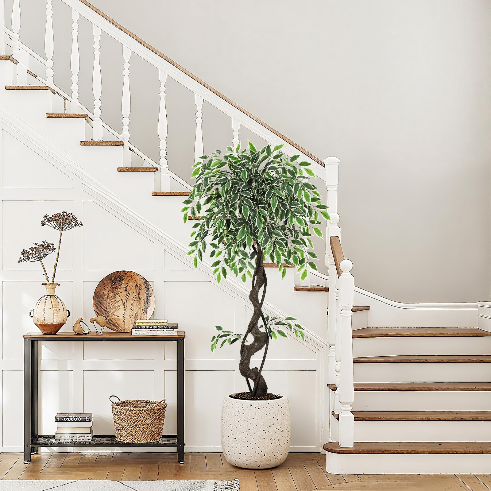 Albero di ficus artificiale Garvee da 4 piedi con oltre 700 foglie di seta, robusto vaso in ceramica per interni, esterni, soggiorno, ufficio, arredamento verde bianco