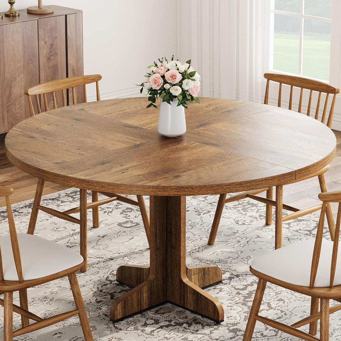 Tavolo da pranzo rotondo Garvee da 47" per 4 persone con robusta struttura in metallo e piano in MDF, design rustico per cucina e soggiorno, marrone