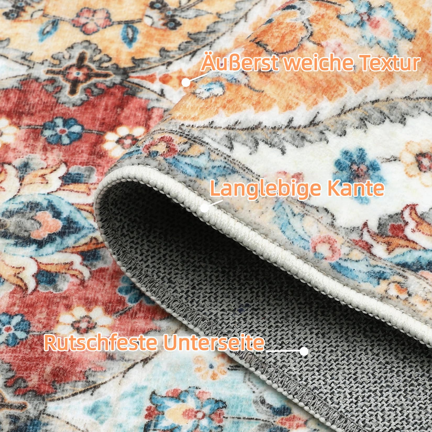 Tappeto da corridoio Garvee 120 x 170 cm, lavabile, motivo floreale vintage, per camera da letto e cucina, antiscivolo