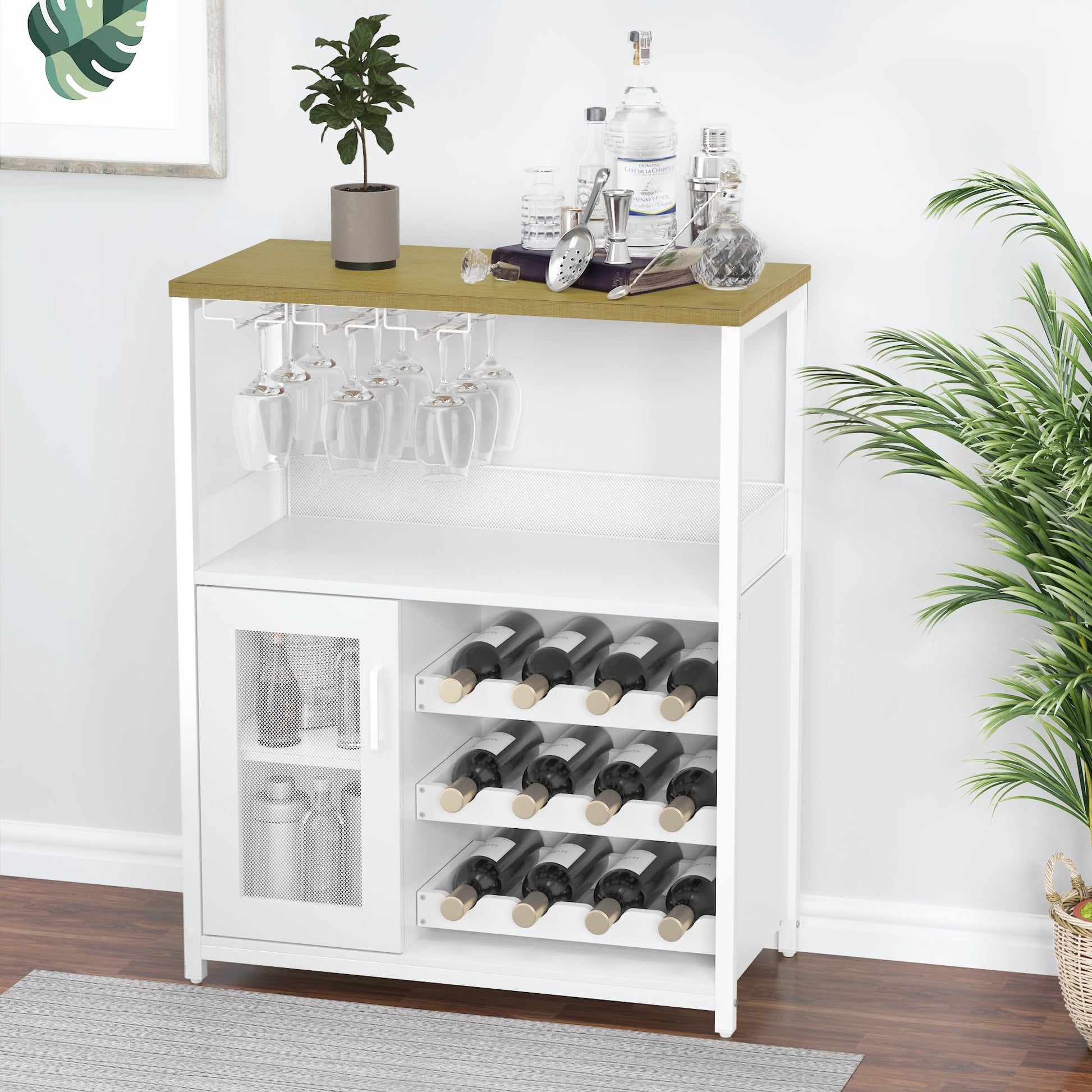 Mobile bar per vino Garvee, 3 ripiani con portabottiglie rimovibile per cucina e bar, 69,1 cm L x 35,1 cm P x 91,9 cm A, bianco, robusto MDF e ferro