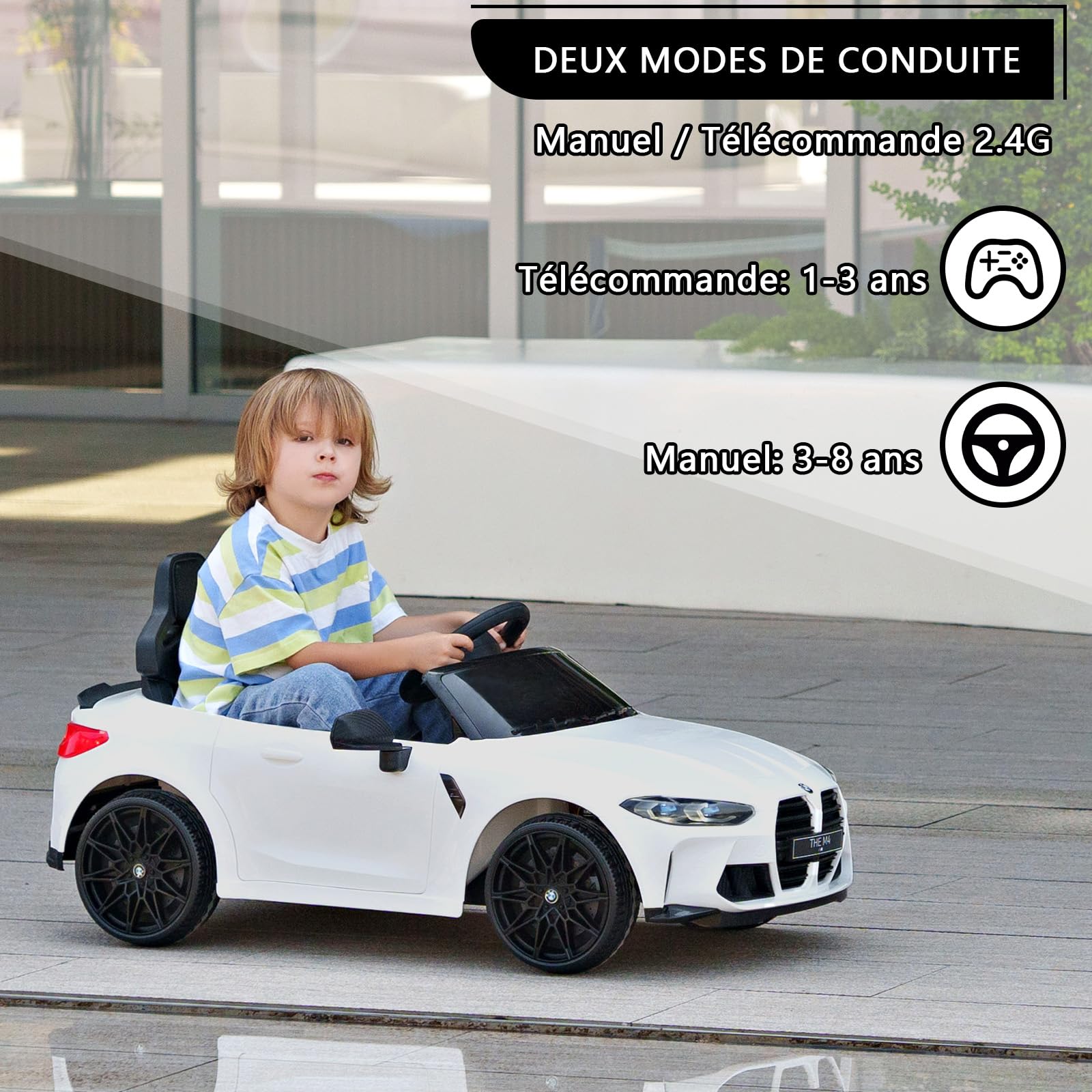 Garvee Kids Electric Car BMW M4 con licenza 12V con LED, musica, cintura di sicurezza, telecomando, metallo PP, giocattolo per esterni, 3 km/h, nero