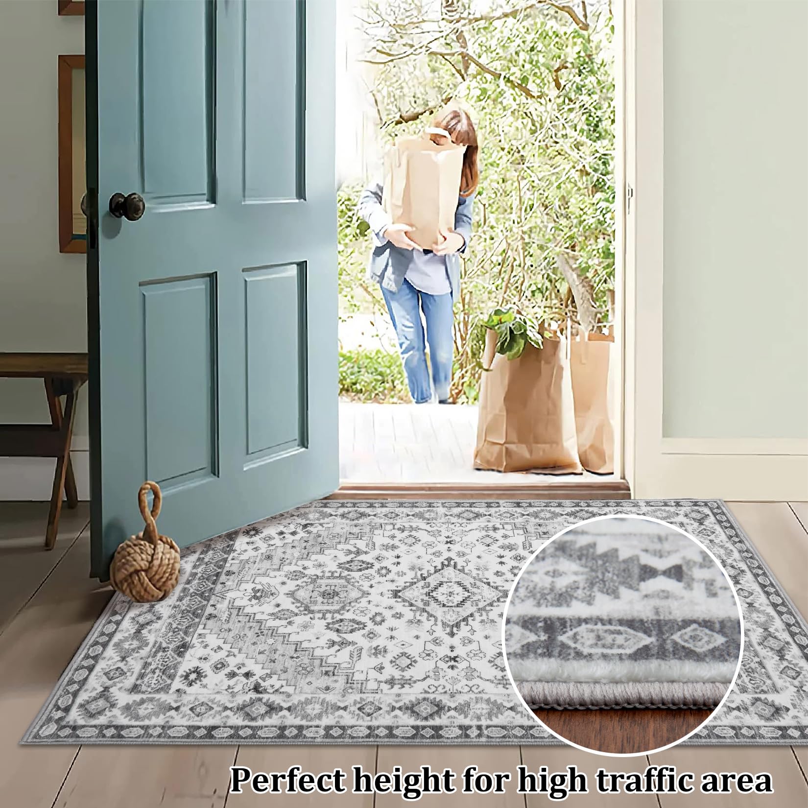 Tappeto Garvee grande grigio 240 x 340 cm, tappeto orientale vintage lavabile, pelo corto, antiscivolo, soggiorno, cucina