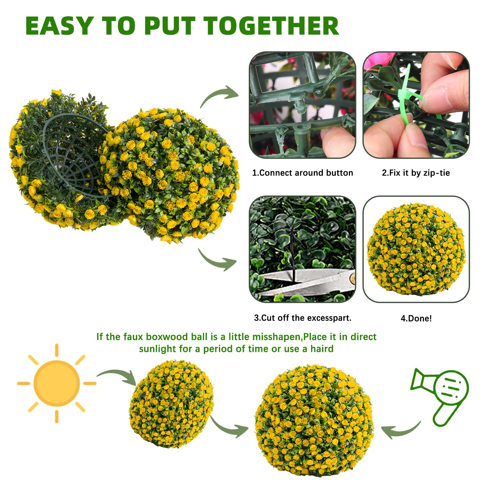 Garvee 21,6" Set di 2 palline di fiori artificiali per topiaria - Grandi, da appendere, in materiale PE, senza manutenzione, gialle, per uso interno ed esterno, per matrimoni e casa