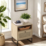 Garvee Comodino in Rattan Boho con Cassetto e Gambe in Metallo, Design Farmhouse, Compatto, 38.1 cmP x 48 cmL x 56.4 cmA, Rovere Chiaro