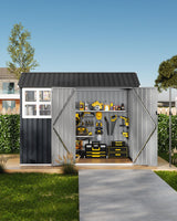 Garvee Capanno da Giardino 183x244 cm in Acciaio Zincato, Struttura Rinforzata, Porte e Finestre Bloccabili, Grigio Scuro, per Patio e Giardino