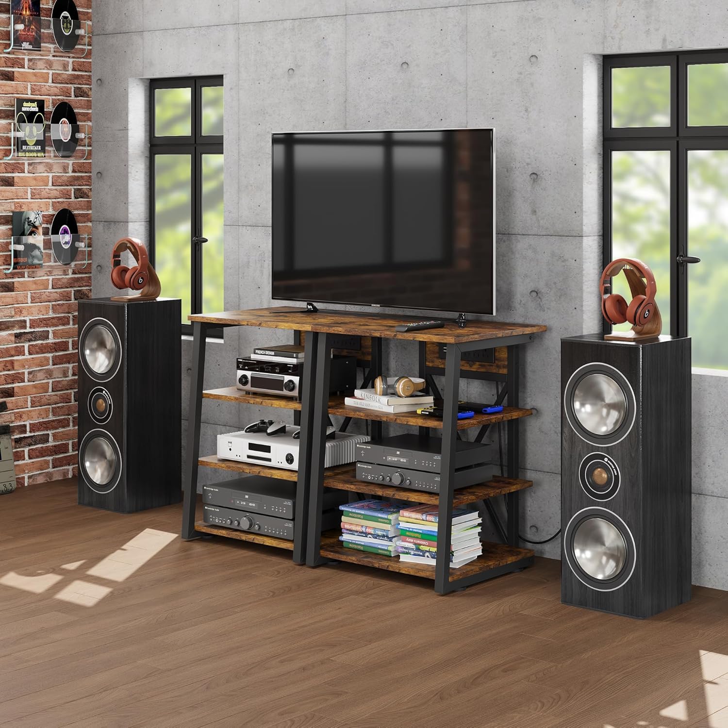 Supporto multimediale Garvee AV a 4 livelli con prese di corrente e USB, MDF e metallo, piedini regolabili, design vintage per soggiorno e ufficio, versatile, stabile, nero