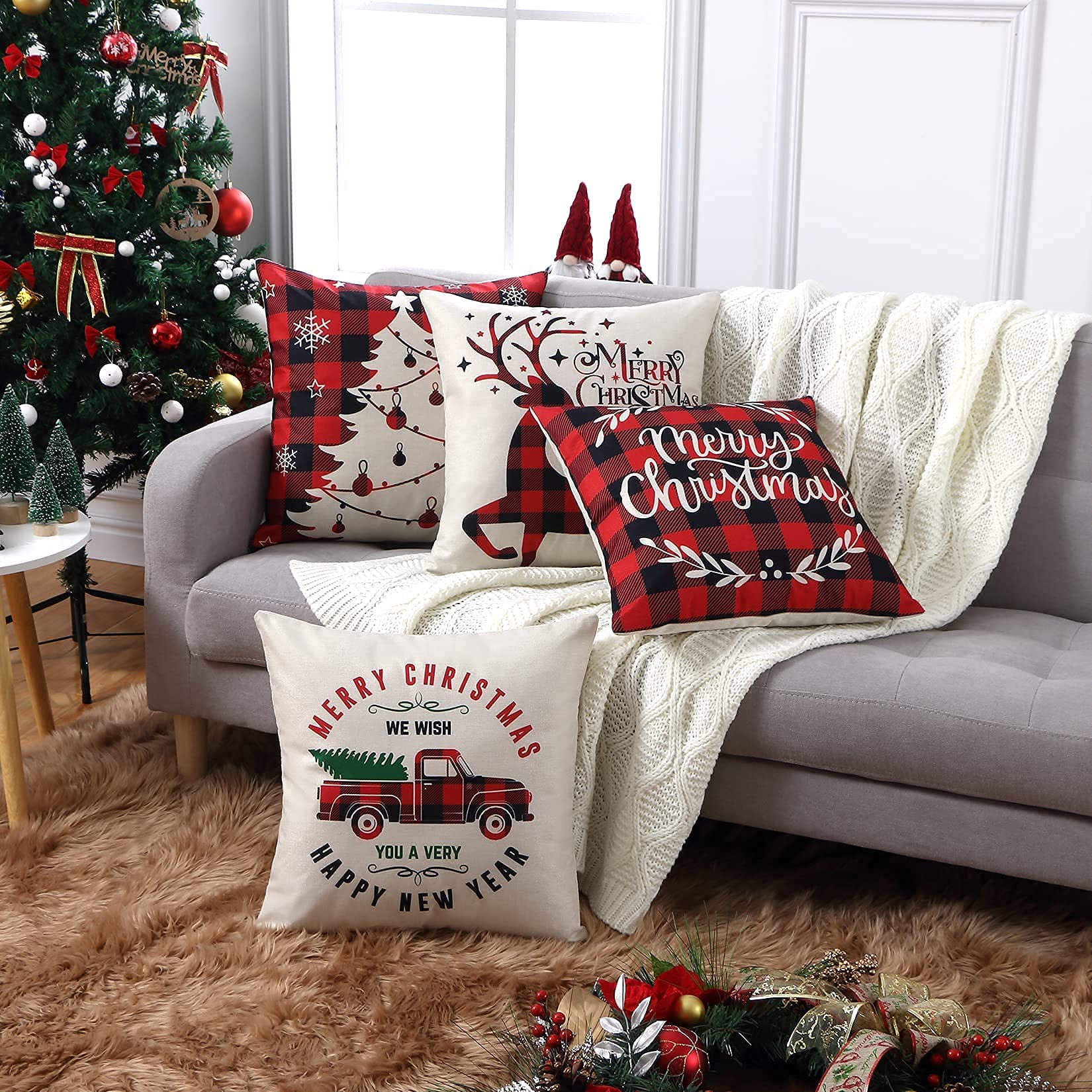 GARVEE Federa per cuscino natalizio rosso con motivo a cervo, 4 pezzi, per decorazione divano, 45 x 45 cm, motivo tartan