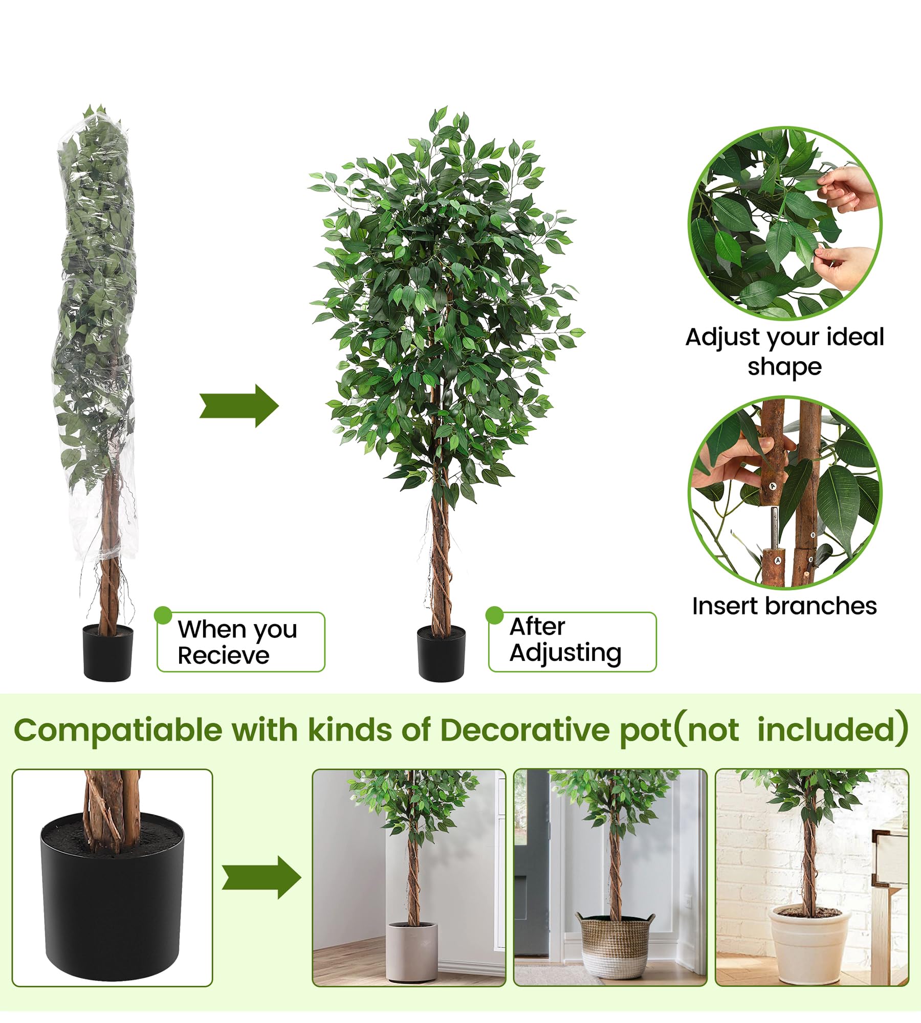 Albero di ficus artificiale Garvee da 6 piedi con tronco in legno naturale, tronco regolabile, poliestere, vaso in plastica robusta per ufficio e soggiorno, 183 cm, verde